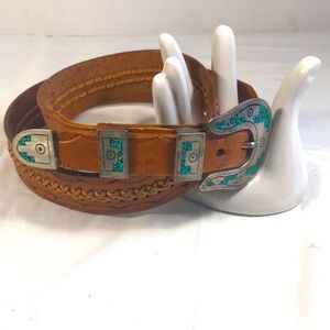 Sterling 925 Silver with Turquoise Inlay Buckle on  Braided Leather Ranger Belt